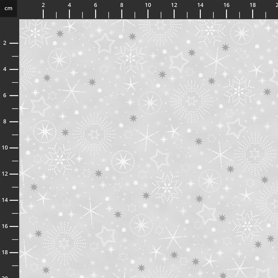 Harmaa joulukangas, jossa  hopeisia lumihiutaleita ja tähtiä – Stof Fabrics We Love Christmas