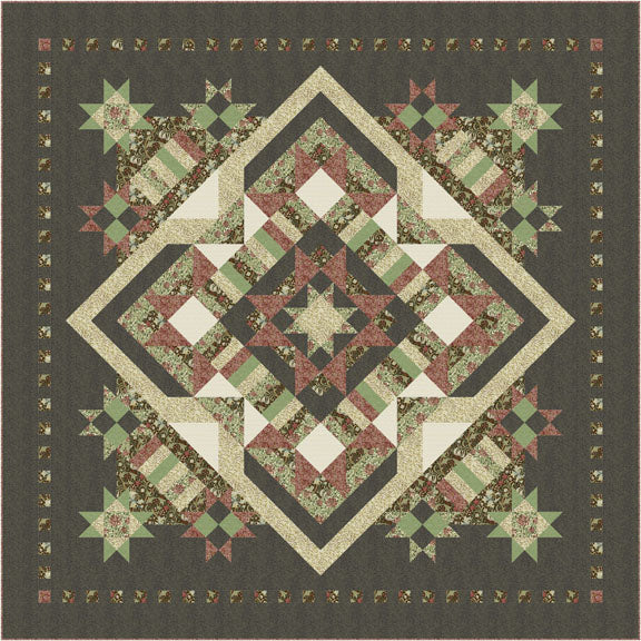 Tumma Glorious-tilkkutyö, suunnittelija Marilyn Foreman, Morris & Co. Suffolk Holiday -kokoelman kankailla, klassinen tilkkutyömalli vihreän, beigen ja punaruskean sävyissä.