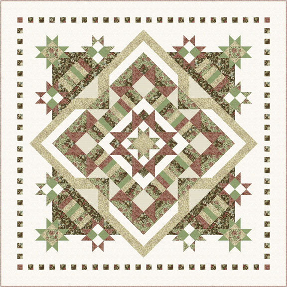 Vaalea Glorious-tilkkutyö, suunnittelija Marilyn Foreman, Morris & Co. Suffolk Holiday -kokoelman kankailla, klassinen tilkkutyömalli vihreän, beigen ja punaruskean sävyissä.