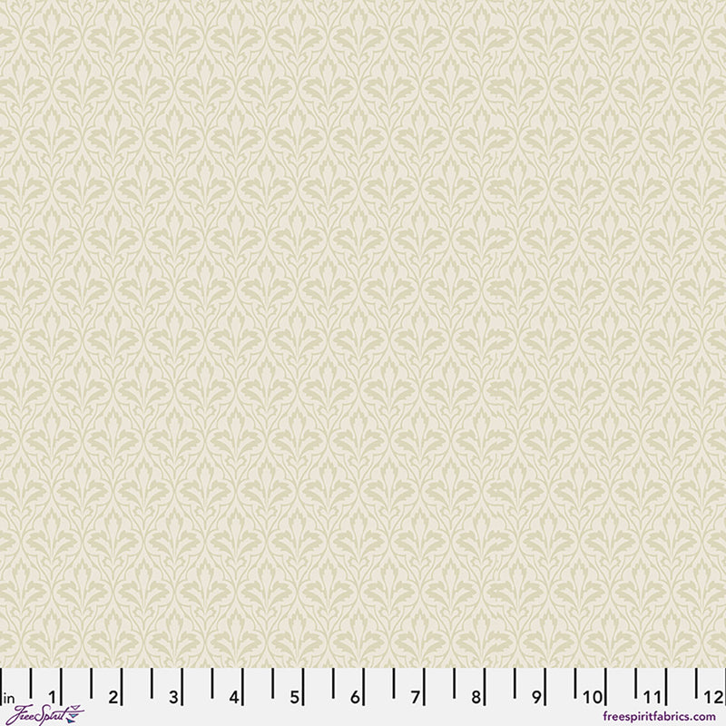 Original Morris & Co. Suffolk Holiday - Owen Jones Ivory -puuvillakangas, luonnonvalkoinen pohja ja pieni ornamenttikuvio.