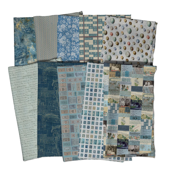 Tim Holtz Palette -kokoelman Indigo Fat Quarter -nippu, jossa 10 palan Eclectic Elements -kankaita