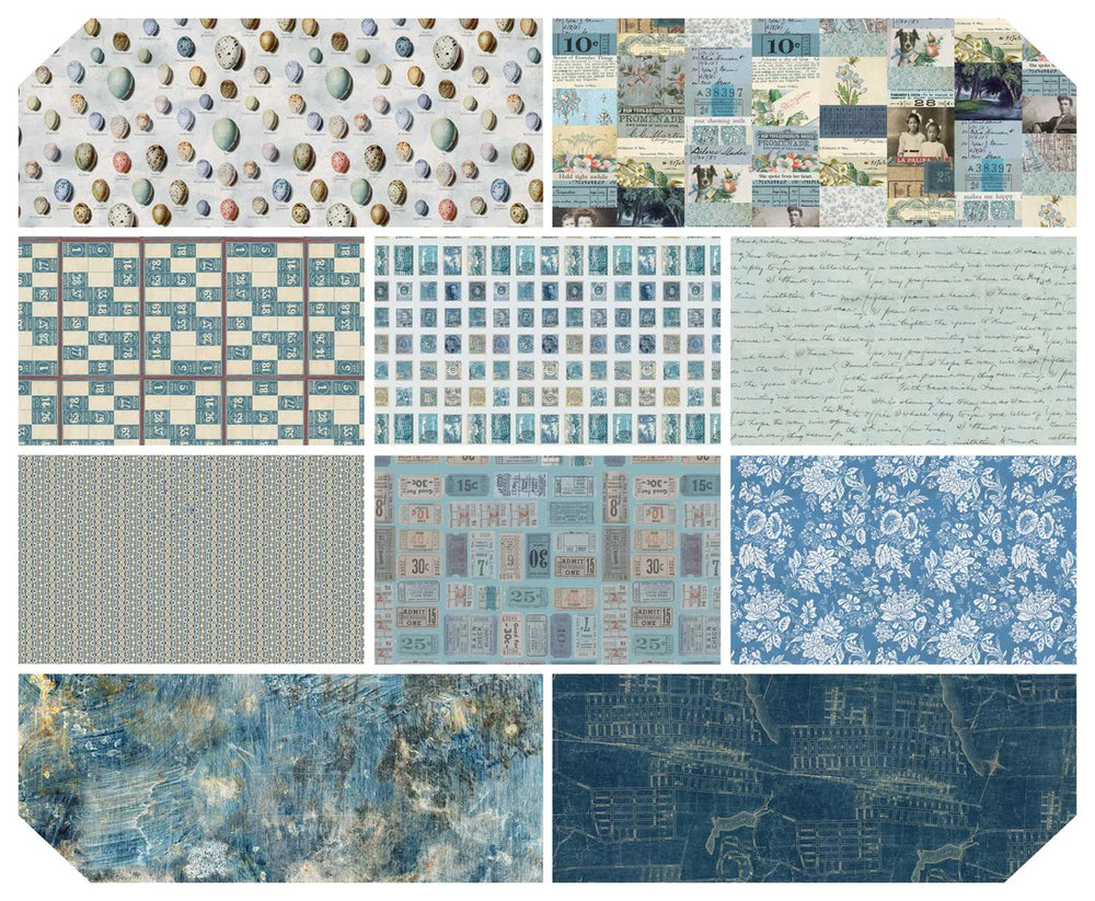 Tim Holtz Palette -kokoelman Indigo Fat Quarter -nippu, jossa 10 palan Eclectic Elements -kankaita