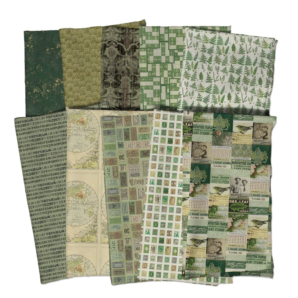 Tim Holtz Palette -kokoelman Vihreä Fat Quarter -nippu, jossa 10 palan Eclectic Elements Palette-kankaita