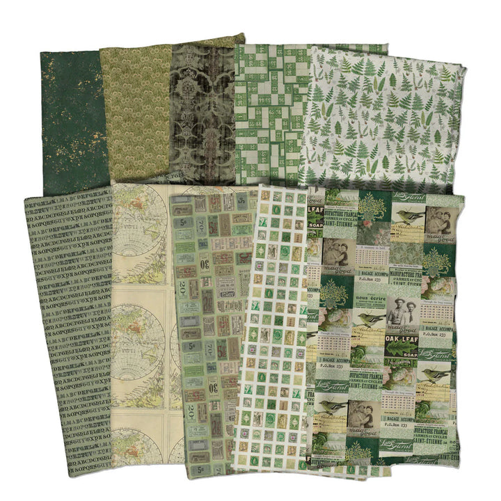 Tim Holtz Palette -kokoelman Vihreä Fat Quarter -nippu, jossa 10 palan Eclectic Elements Palette-kankaita