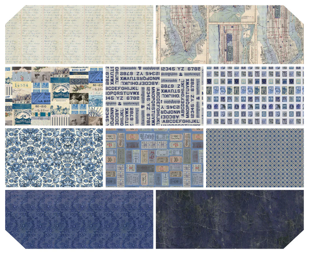 Tim Holtz Palette -kokoelman Indigo Fat Quarter -nippu, jossa 10 palan Eclectic Elements -kankaita