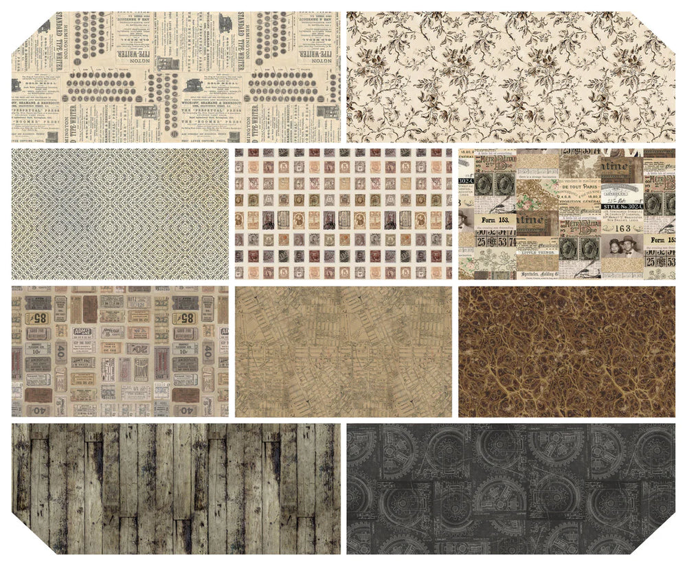 Tim Holtz Palette -kokoelman Naturaalit Fat Quarter -nippu, jossa 10 palan Eclectic Elements -kankaita