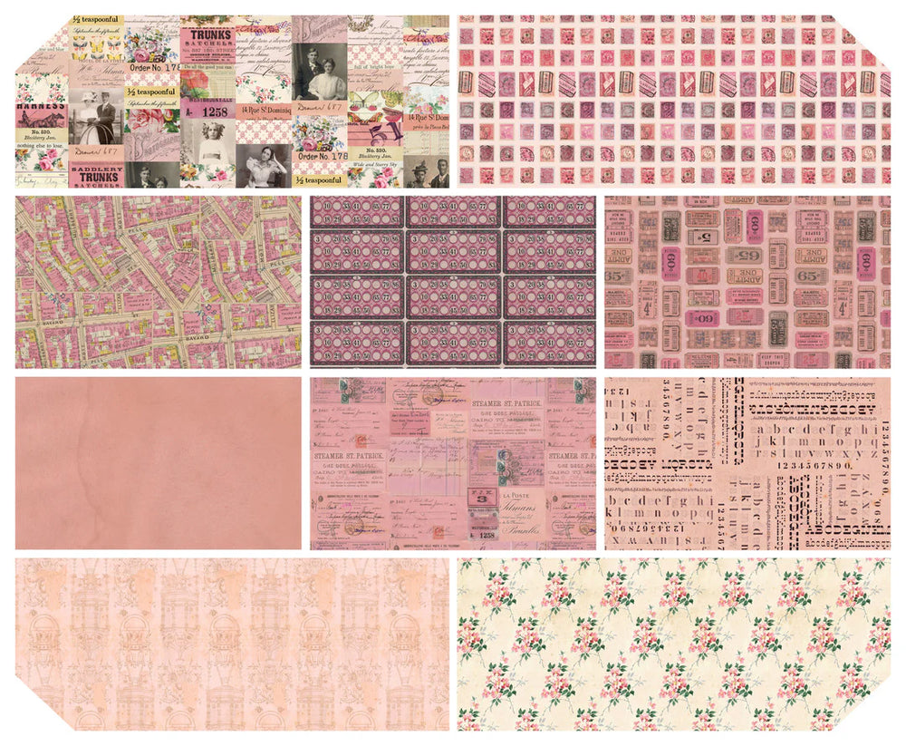 Tim Holtz Palette -kokoelman Pinkki Fat Quarter -nippu, jossa 10 palan Eclectic Elements -kankaita