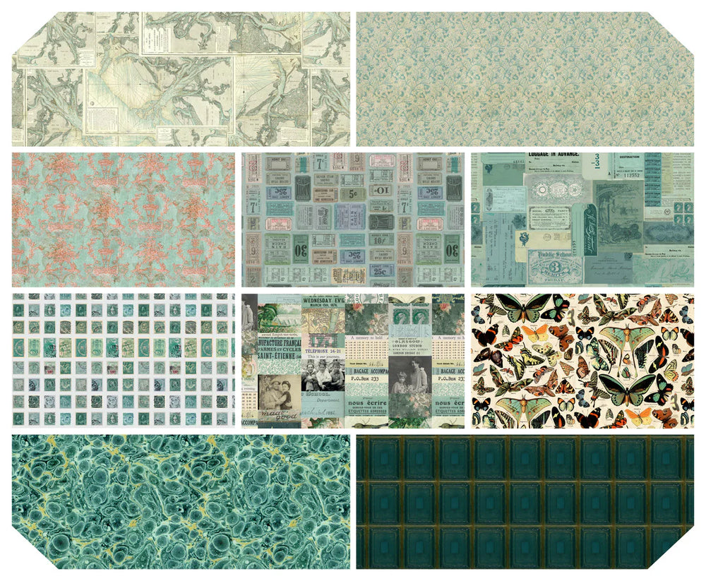 Tim Holtz Palette -kokoelman Merenvihreä Fat Quarter -nippu, jossa 10 palan Eclectic Elements -kankaita
