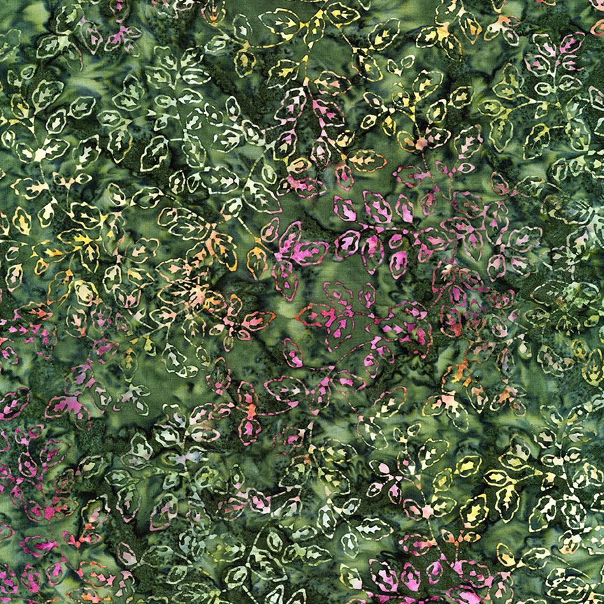Tonga Batiks Vine with Leaves Forest B2291, tummanvihreä batiikkikangas köynnös- ja lehtikuviolla pinkein yksityiskohdoin