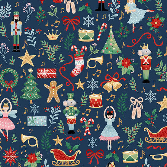 The Nutcracker 223-B Fairytale Blue sininen jouluteemainen puuvillakangas, baletti- ja Pähkinänsärkijä-aihe