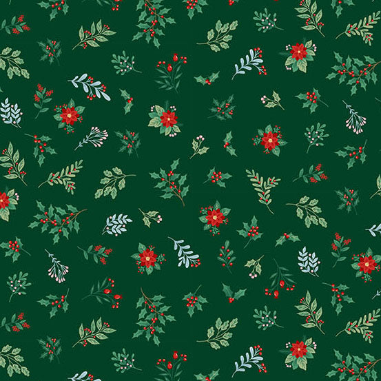 The Nutcracker 226-G Foliage Green vihreä jouluteemainen puuvillakangas, lehti- ja marjakuosi