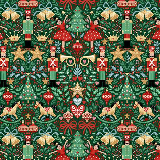 The Nutcracker 229-G Sugar Plum Green vihreä jouluteemainen puuvillakangas, Pähkinänsärkijä ja koristeellinen kuosi