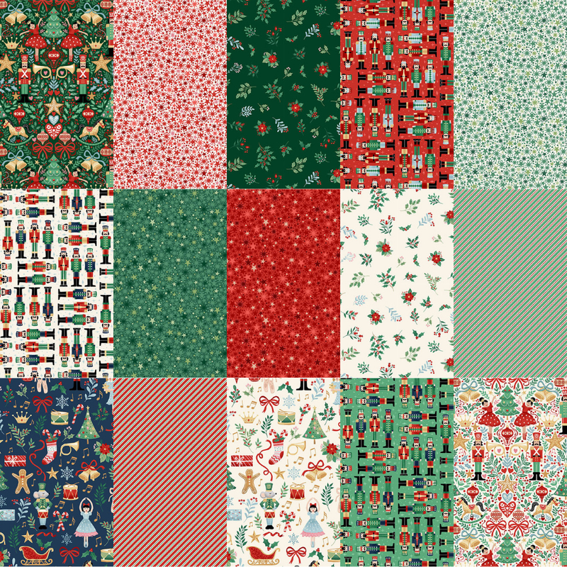 The Nutcracker Fat Quarter -nippu, jouluiset puuvillakankaat, Pähkinänsärkijä-aiheiset kuosit