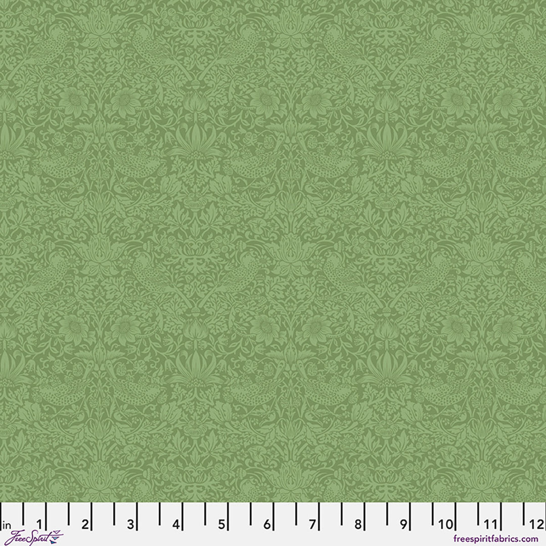 Vihreäsävyinen Morris & Co. Tonal Strawberry Thief – Herball -puuvillakangas, The Trellis Palette -kokoelmasta. Kuvioitu klassisella "Strawberry Thief" -designilla.
