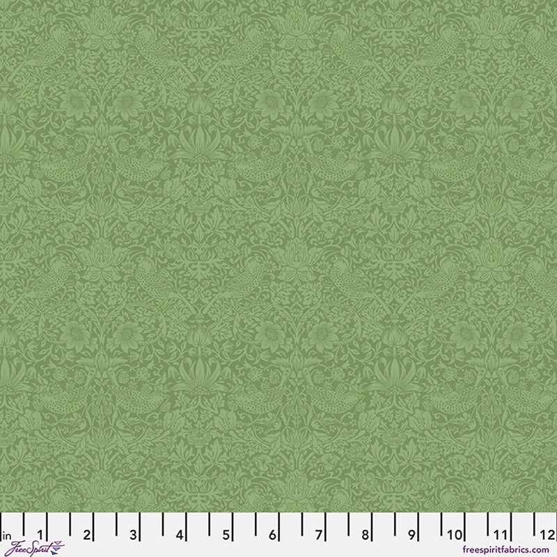Vihreäsävyinen Morris & Co. Tonal Strawberry Thief – Herball -puuvillakangas, The Trellis Palette -kokoelmasta. Kuvioitu klassisella "Strawberry Thief" -designilla.