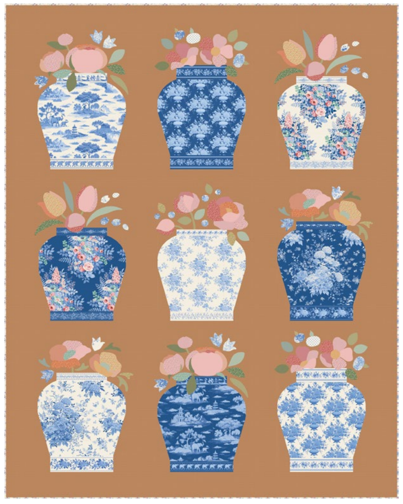 Tilda Something Blue Ginger Jar (Tea) -tilkkutyö, jossa sinivalkoisia vaaseja ja kukkakuvioita lämpimällä taustalla.