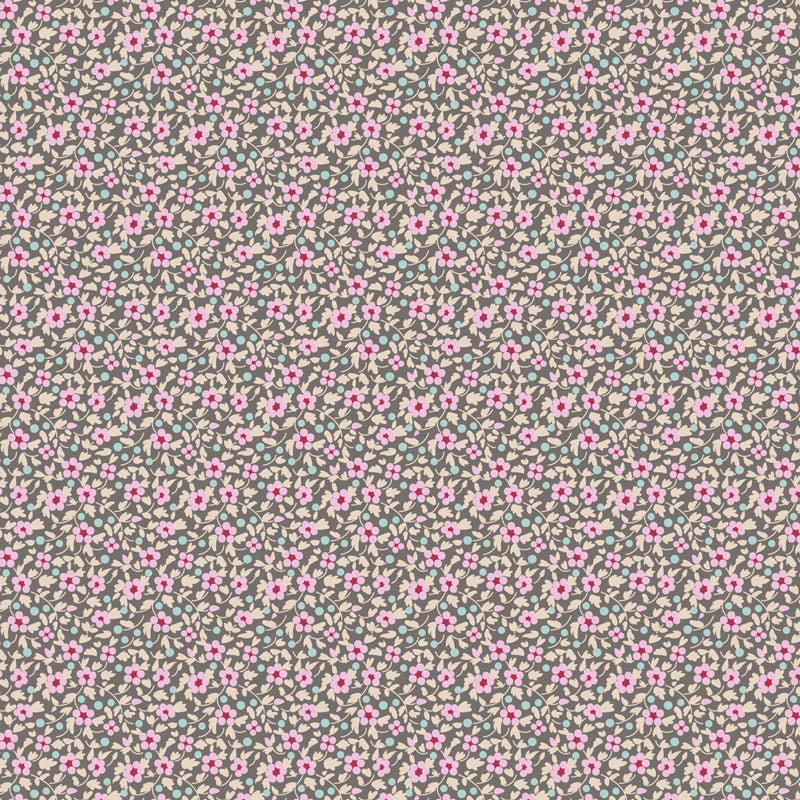 Tilda Brie Basics Grey 130187 – harmaa puuvillakangas, jossa pieniä kukkakuvioita. Sopii tilkkutöihin ja käsitöihin.