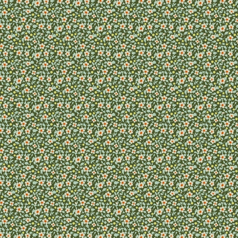 Tilda Brie Basics Pine 130188 – vihreä puuvillakangas, jossa pieniä kukkakuvioita. Sopii tilkkutöihin ja käsitöihin.