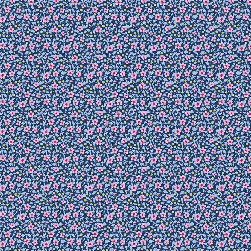 Tilda Brie Basics Denim 130190 – tummansininen puuvillakangas, jossa pieniä kukkakuvioita. Sopii tilkkutöihin ja käsitöihin.