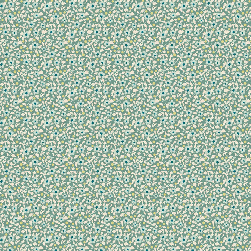 Tilda Brie Basics Teal 130191 – merenvihreä puuvillakangas, jossa pieniä kukkakuvioita. Sopii tilkkutöihin ja käsitöihin.