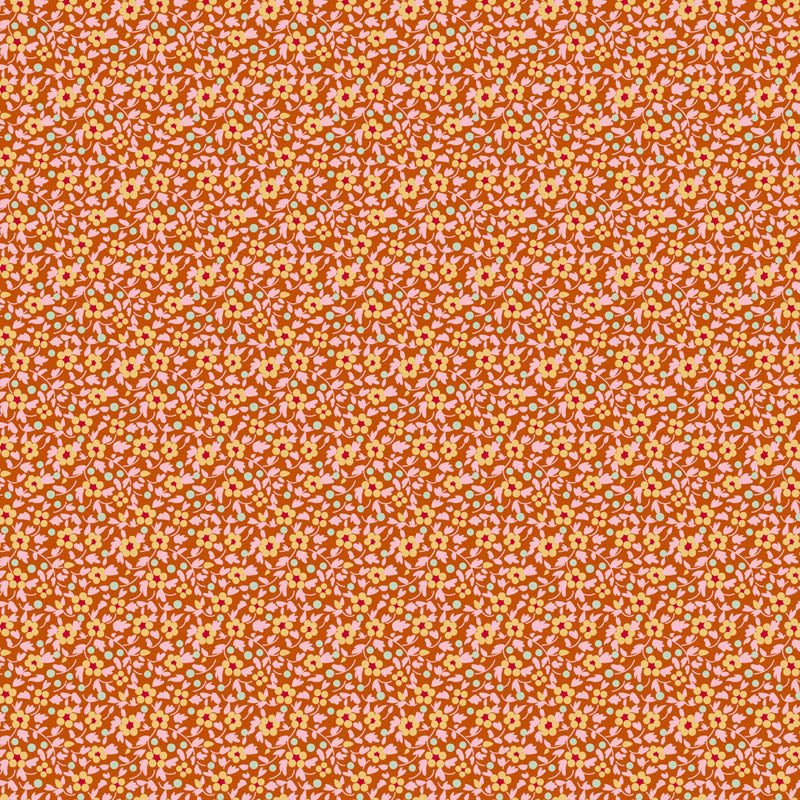 Tilda Brie Basics Ginger 130197 – oranssi puuvillakangas, jossa pieniä kukkakuvioita. Sopii tilkkutöihin ja käsitöihin.