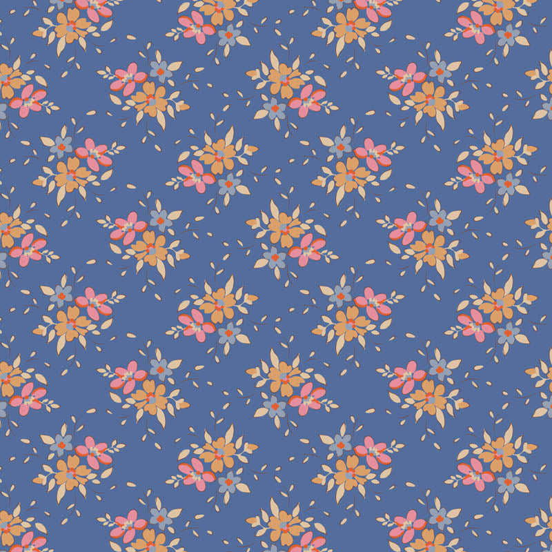 Tilda Creating Memories Frida Blue kesä puuvillakangas – sinipohjainen kukkakuvioinen kangas tilkkutöihin ja käsitöihin.