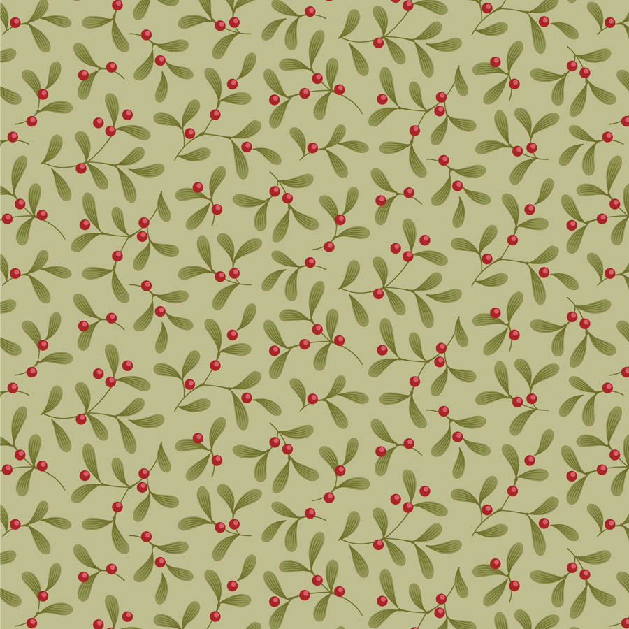 Tilda Merry Little Christmas 100633 Mistletoe Pistachio puuvillakangas, nostalginen jouluinen kuosi punaisen, vihreän sävyissä, täydellinen tilkkutöihin ja askarteluun.