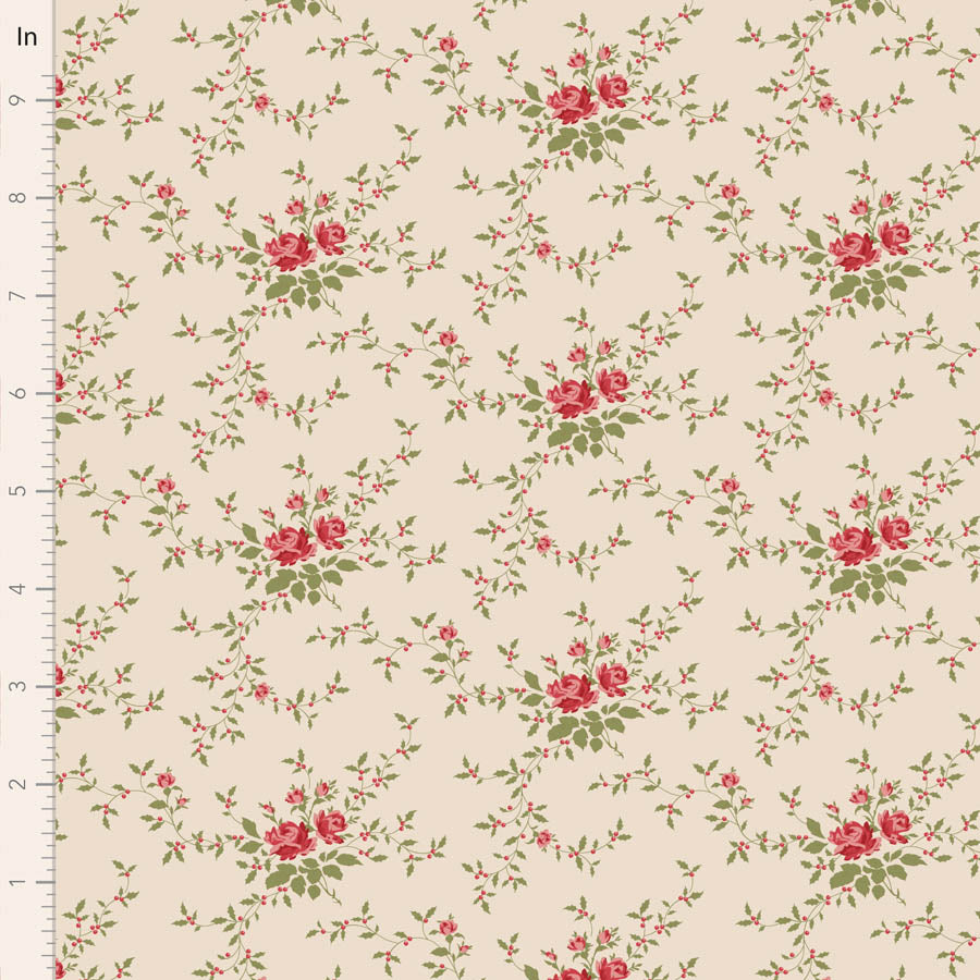 Tilda Merry Little Christmas 110147 Noel Cream puuvillakangas, nostalginen jouluinen kuosi punaisen, vihreän sävyissä, täydellinen tilkkutöihin ja askarteluun.