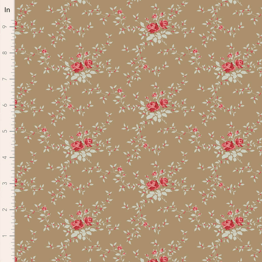 Tilda Merry Little Christmas 110149 Noel Taupe puuvillakangas, nostalginen jouluinen kuosi punaisen, vihreän sävyissä, täydellinen tilkkutöihin ja askarteluun.