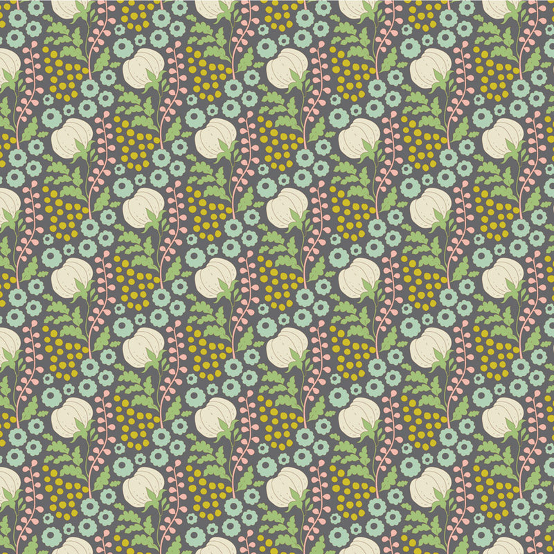 Tildan Sanctuary kokoelman Cottonfield Greygreen 100% puuvillakangas, lämpimät punaiset ja luonnonmaisemat kuviot, täydellinen tilkkutöihin ja käsitöihin.