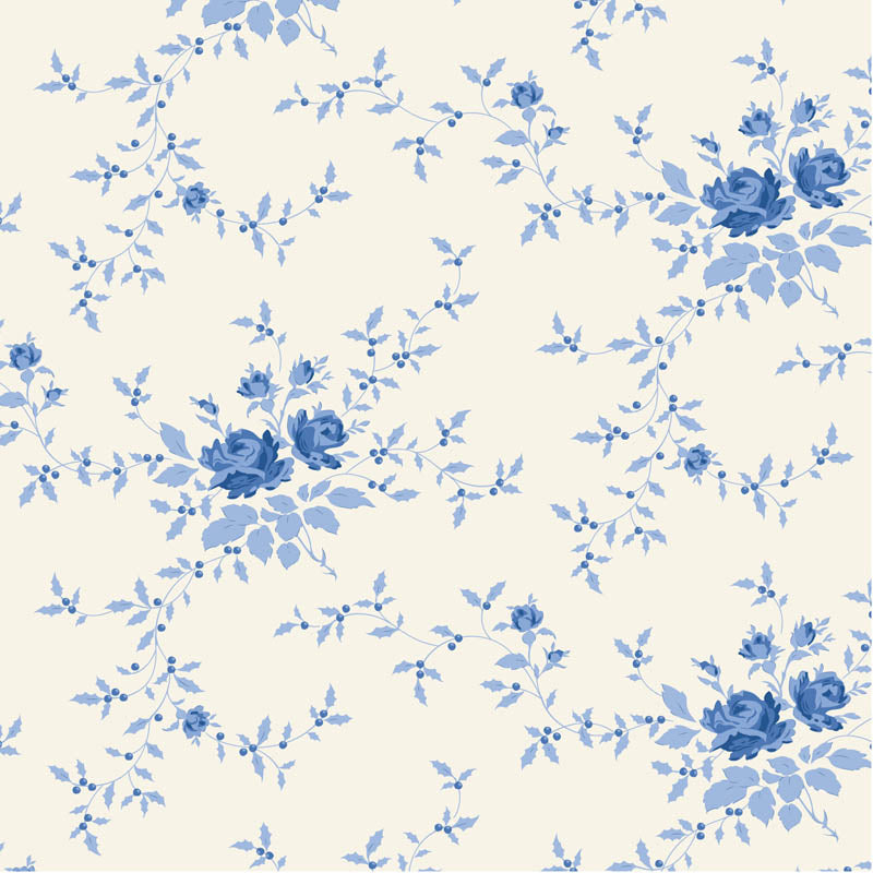 Tilda Something Blue Noel Blue 100661 puuvillakangas, valkoinen tausta ja herkkiä sinisiä kukkakimppuja.