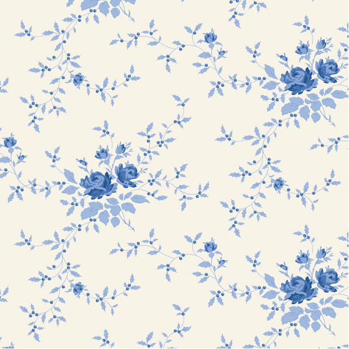 Tilda Something Blue Noel Blue 100661 puuvillakangas, valkoinen tausta ja herkkiä sinisiä kukkakimppuja.