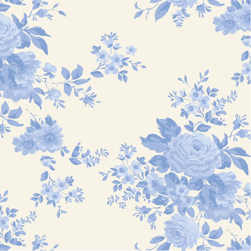 Tilda Something Blue Carol Pale Blue 100674 puuvillakangas, valkoinen tausta ja vaaleansinisiä kukkakimppuja eri sävyissä.