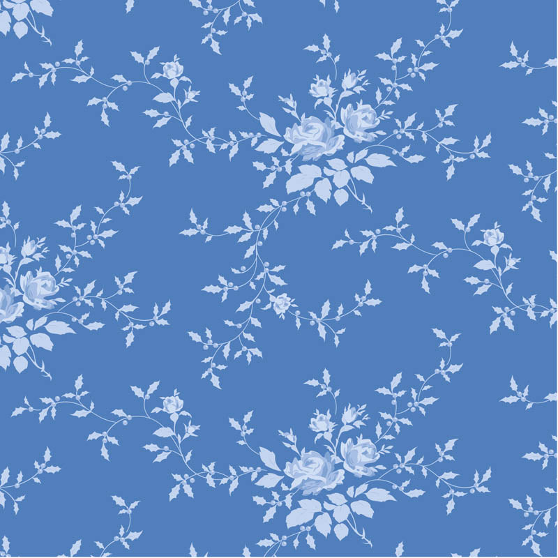 Tilda Something Blue Noel Cornflower 100671 puuvillakangas, sininen tausta ja herkkiä kukkakimppuja.