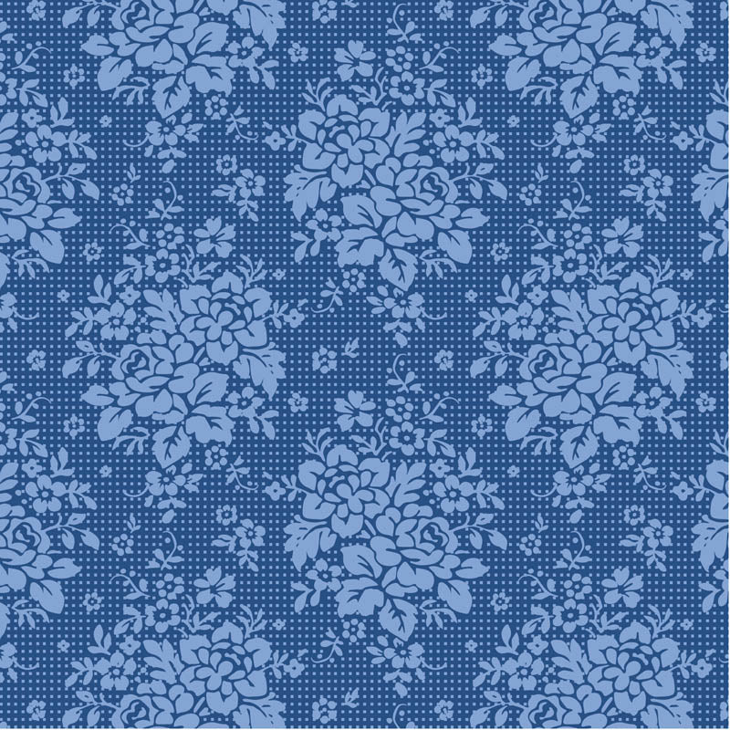 Tilda Something Blue Picknic Denim 100676 puuvillakangas, tummansininen tausta ja vaaleansiniset kukkakimput.