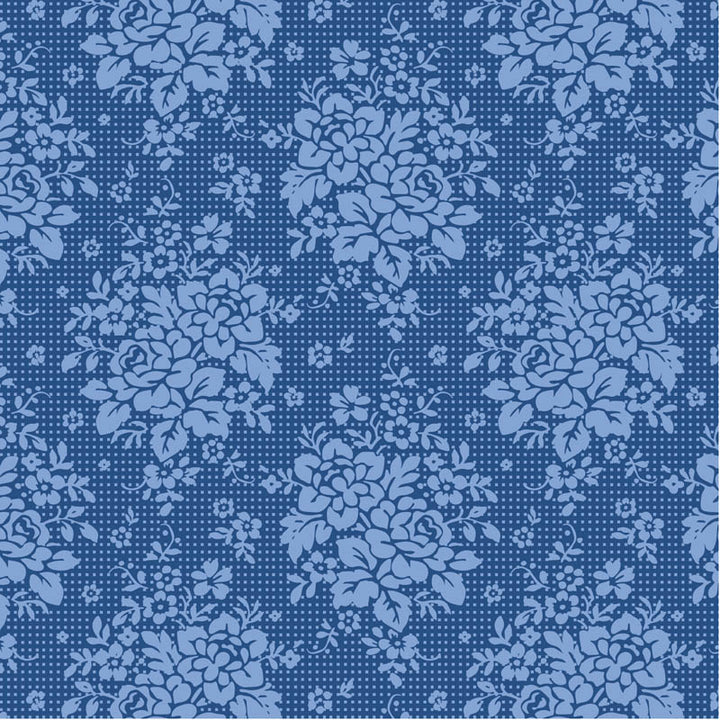 Tilda Something Blue Picknic Denim 100676 puuvillakangas, tummansininen tausta ja vaaleansiniset kukkakimput.