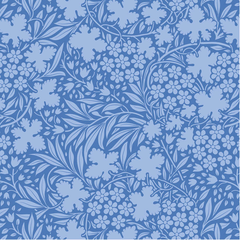Tilda Something Blue Bushbloom Cornflower 100678 puuvillakangas, sininen tausta ja pieniä kukkia sekä lehtiä.
