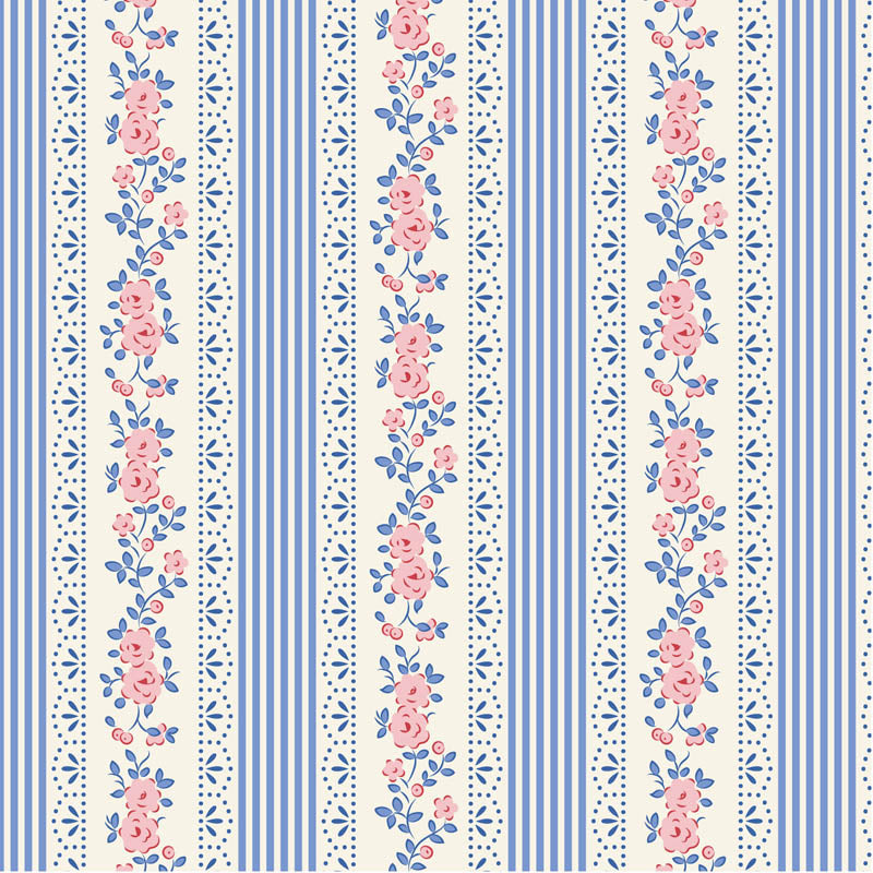 Tilda Something Blue Claramay Blue 110167 puuvillakangas, siniset ja valkoiset raidat ja vaaleanpunaisia ruusuja.