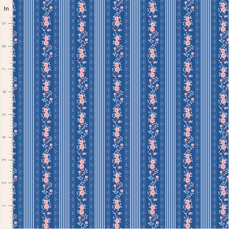 Tilda Something Blue Claramay Denim 110167 puuvillakangas, siniset raidat ja vaaleanpunaisia ruusuja.