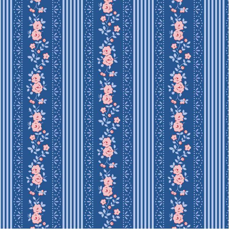 Tilda Something Blue Claramay Denim 110167 puuvillakangas, siniset raidat ja vaaleanpunaisia ruusuja.