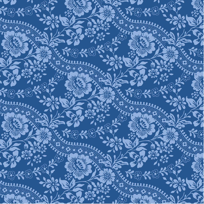 Tilda Something Blue Celeste Denim 110168 puuvillakangas, sininen tausta ja pitsimäinen kukkakuvio.