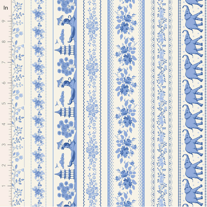 Tilda Something Blue 110170 Borders Blue puuvillakangas, valkoien pohja ja kukka- sekä elefanttikuvioisia raitoja.
