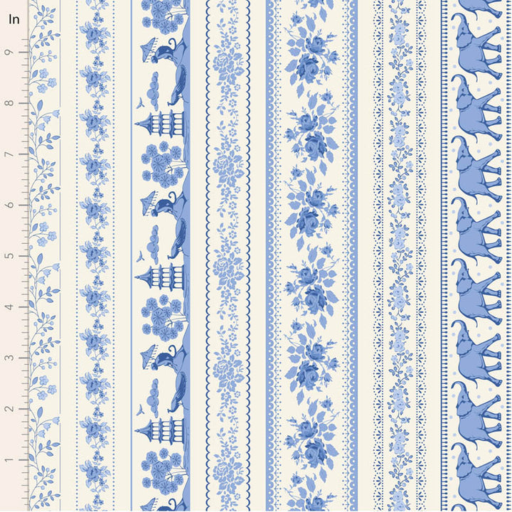 Tilda Something Blue 110170 Borders Blue puuvillakangas, valkoien pohja ja kukka- sekä elefanttikuvioisia raitoja.