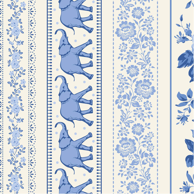 Tilda Something Blue 110170 Borders Blue puuvillakangas, valkoien pohja ja kukka- sekä elefanttikuvioisia raitoja.