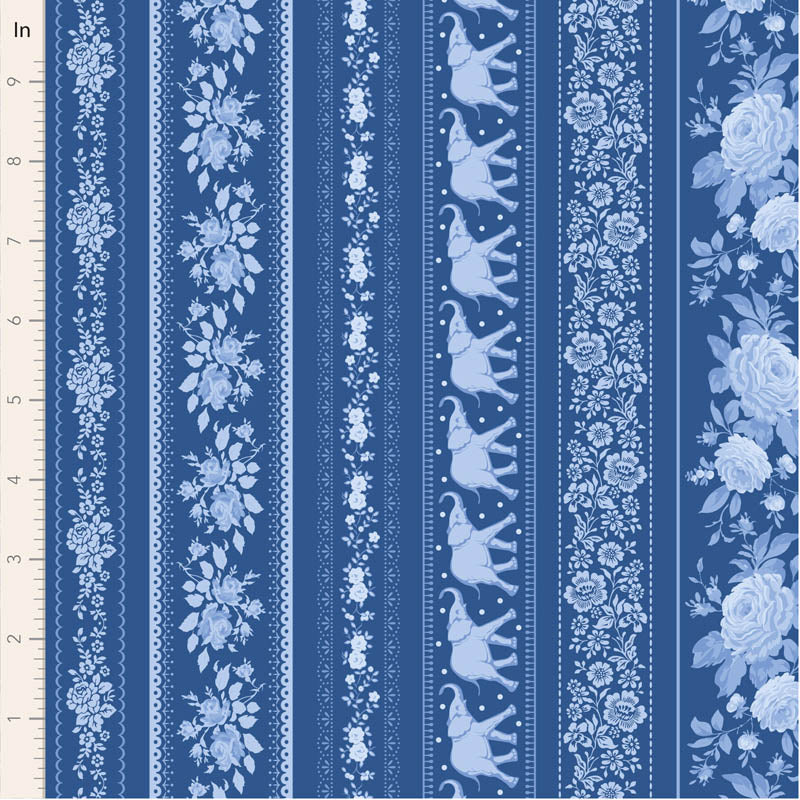 Tilda Something Blue 110171 Borders Night puuvillakangas, tummansininen pohja ja kukka- sekä elefanttikuvioisia raitoja.