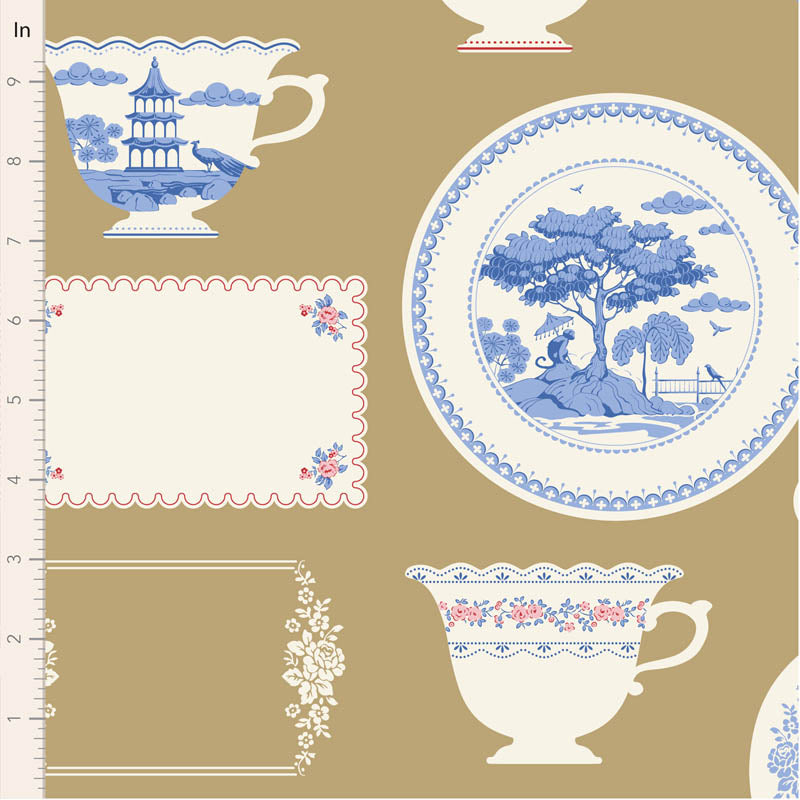 Tilda Something Blue 110172 Labels & Ornaments Ochre puuvillakangas, beige tausta ja koristeellisia kehyksiä sekä lintuaiheita.
