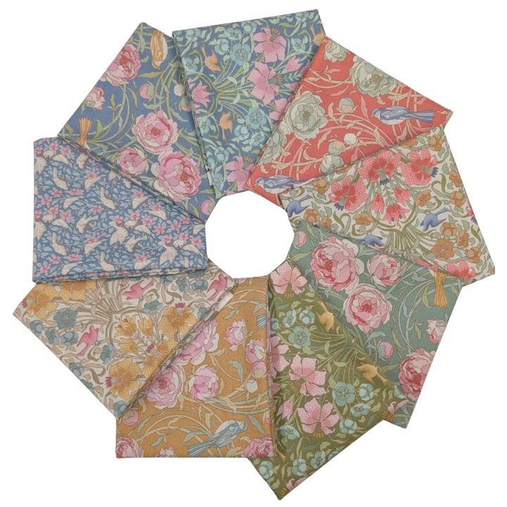 Tilda Songbird 9 Fat Quarter -kangasetti pastellisävyisistä kukka- ja lintukuoseista, Tilkkusen valikoima