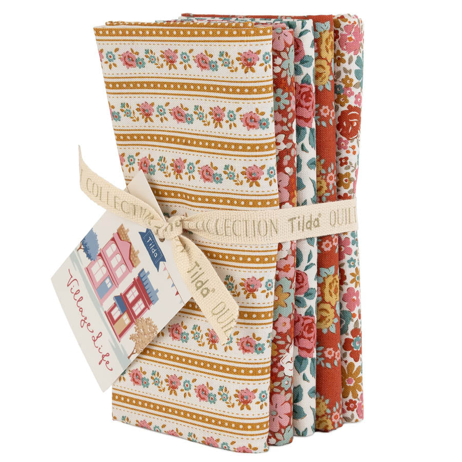 Tilda - Village Life Fat Quarter -nippu oranssi, 5kpl puuvillakankaita