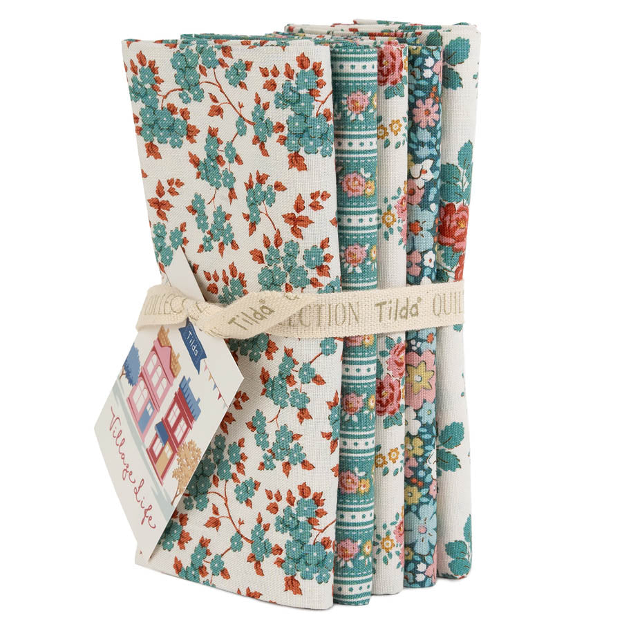 Tilda - Village Life Fat Quarter -nippu merenvihreä, 5kpl puuvillakankaita