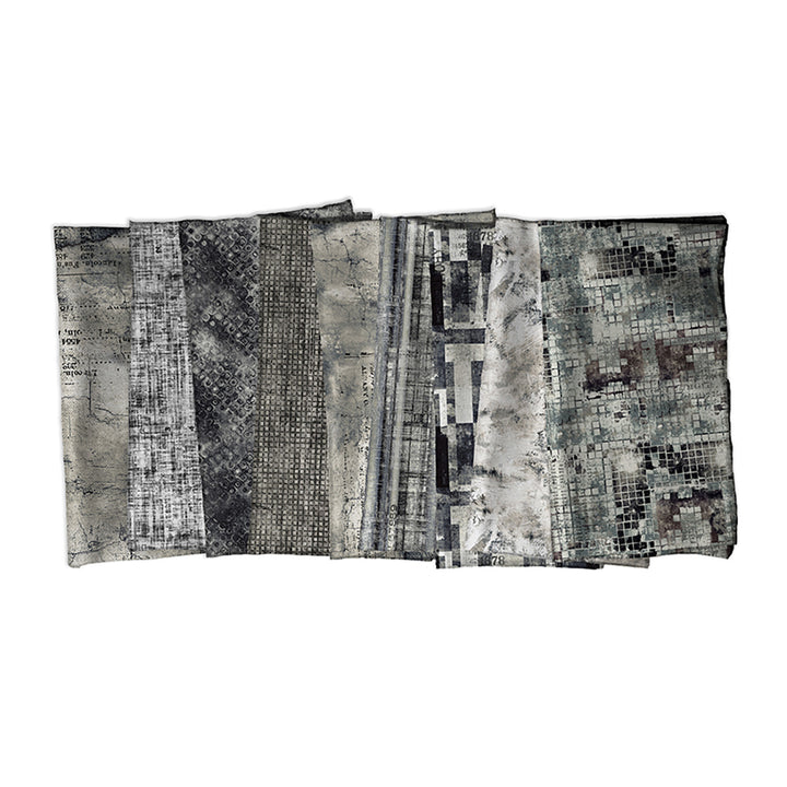 Eclectic Elements Contrast Fat Quarter -kangasnippu, 8 mustavalkoista ja harmaasävyistä tilkkukangasta, Tim Holtz FreeSpirit Fabrics